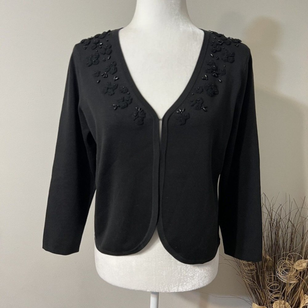 Pendleton Womens Beaded Flower Cardigan Sweater Sz M Black Silk Blend 3/4 Sleeve